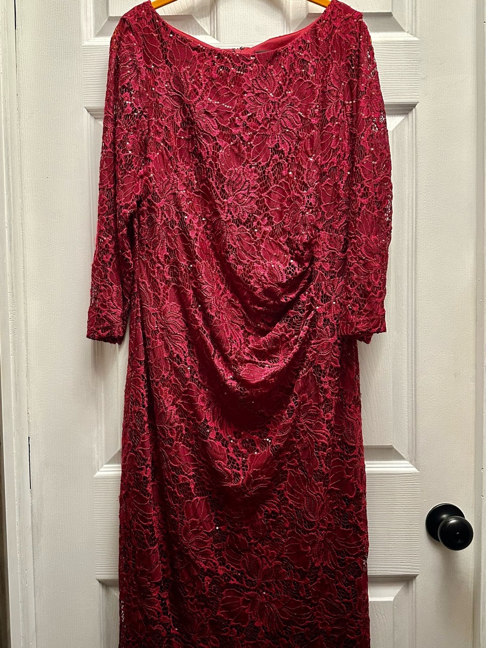 Jessica Howard Red Lace Long Sleeve Drape Front Gown